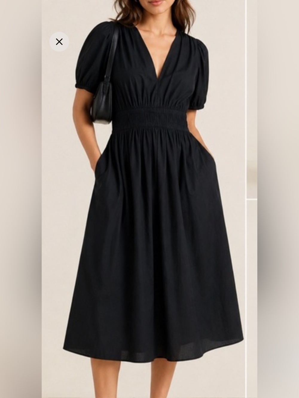 Banana Republic Black V neck Cotton Voile Puff Sleeves Pockets Midi Petite Large